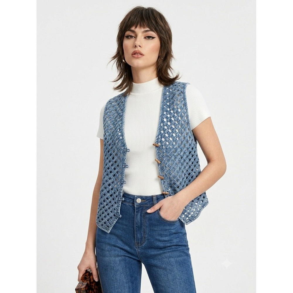 New Directions Denim Lattice Vest Large Blue Woven Toggle Button Cage Waistcoat